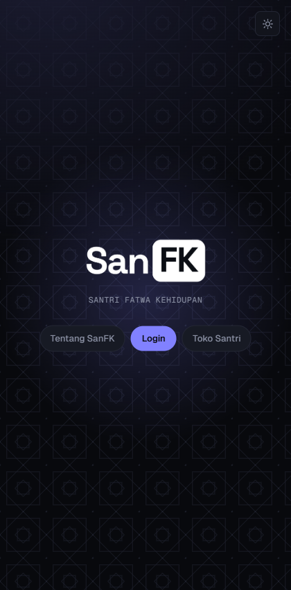 Halaman login dengan tiga pilihan: Tentang SanFK, Login, Toko Santri