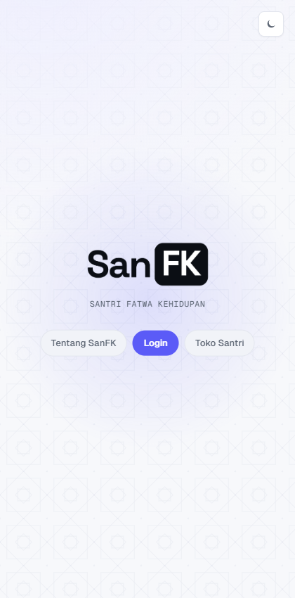Halaman login dengan tiga pilihan: Tentang SanFK, Login, Toko Santri